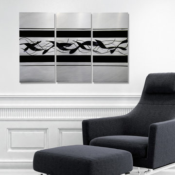 Migration - Modern Black and Silver Hand-Painted Abstract Metal Wall Art
