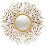 Wholesale Interiors - Apollonia Modern and Contemporary Gold Sunburst Accent Wall Mirror - Baxton Studio Apollonia Modern and Contemporary Gold Finished Sunburst Accent Wall MirrorAdd visual interest to the walls of any room with the Apollonia wall mirror. This contemporary mirror is constructed from durable metal in an antique gold leaf finish. Sunrays of various lengths radiate from the mirror, forming a sunburst silhouette. Bronze accents threaded through the gold sunrays provide texture and dimension. Illuminate your bedroom, living room, or hallway with a piece inspired by one of natures finest elements. The Apollonia wall mirror is made in China and will arrive fully assembled.