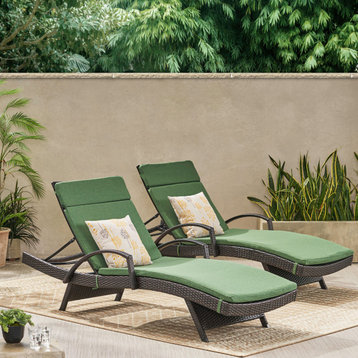 GDF Studio Ann Outdoor Wicker Chaise Lounge With Arms and Cushion, Set of 2, Jungle Green