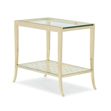A Precise Pattern, Gold Glass Top Side Table With Openwork Shelf