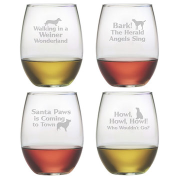 Canine Carols 4-Piece Stemless Wine Glass Set