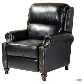 Genuine Leather Cigar Recliner With Nail Head Trim, Black