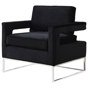 Modern Accent Chair, Iron Base and Padded Velvet Seat With Open Arms, Black/Silver