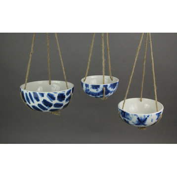 Set of 3 Blue and White Shibori Style Dyed Ceramic Hanging Mini Planters
