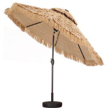 10ft 2-Tiers Thatched Tiki Patio Umbrella With Solar Lights Outdoor No Base