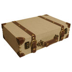 Wald Imports, Ltd. - Light Tan Canvas Suitcase - This sturdy suitcase has chocolate brown faux leather trim with a canvas sided body. Suitcase also features antique brass snaps and closures. Container measures 15.5-Inch by 9.5-Inch across the inside and 4.5-Inch tall, with lid closed. Imported.