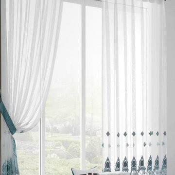 QY7121SEC Elbert Flower Embroidered Double Pinch Pleat Ready Made Sheer Curtains
