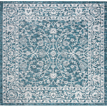 Palazzo Vine Border Textured Indoor/Outdoor Teal/Gray 5' Square Area Rug