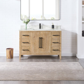 Laurel Bathroom Vanity with Calacatta White Quartz Stone Countertop, Weathered Fir, 48", Without Mirror