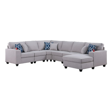 Cooper Linen 6-Piece  Modular Sectional Sofa Chaise With Cupholder, Light Gray