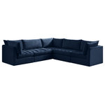 Meridian Furniture - Jacob Velvet Upholstered 5-Piece L-Shaped Modular Sectional, Navy - Create the ideal seating arrangement for your space when you pick and choose the elements you like mostincluding this Jacob velvet modular sectional. Mix and match items in the Jacob collection to bring your living space or family room together with a personalized slant. Soft navy velvet upholstery is soft and welcoming to the touch, adding a luxurious feel to everyday seating. Deep channel tufting adds to the piece's durability, and latches underneath the unit make it easy to attach to other pieces in the collection.
