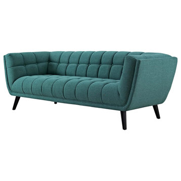 Transitional Sofa, Angled Legs With Cushioned Seat & Square Button Tufting, Teal