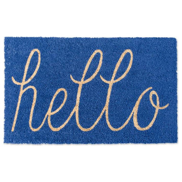 DII 30x18" Modern Coir Fabric Hello Doormat in Blue and Gold