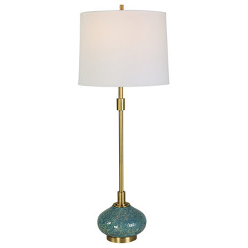 Luxe Tall Mottled Blue Seafoam Green Table Buffet Lamp 34 in Contemporary Brass