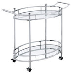 Acme Furniture - Jinx Serving Cart, Clear Glass and Chrome Finish - Instantly transform an ordinary room in to a minibar with this brilliant accessory. Two clear glass shelf allow you to display delicious drinks and delicate glassware. Supporting metal frame features a simplistic silhouette with chrome finish giving a modern touch. Two handle design and wheel stop make it easy to move around and place it where needed.