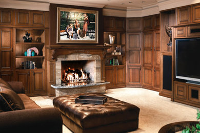 Mid-sized elegant enclosed carpeted and beige floor family room photo in Portland with brown walls, a standard fireplace, a wood fireplace surround and a media wall
