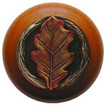 Notting Hill Decorative Hardware - Oak Leaf Wood Knob in Hand-tinted Antique Brass/Cherry wood finish - Projection: 1-1/8"