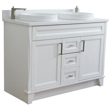 48" Double Sink Vanity, White Finish With White Quartz And Round Sink