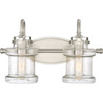 Quoizel - Danbury 2-Light Bath Vanity, Brushed Nickel - Traditional in design yet transitional in execution the Danbury collection features globes in seedy glass with a unique jar-like silhouette. The decoratively capped center rod supports gooseneck arms that secure the vintage-inspired globes with exposed latches. The versatility of the collection is further defined by its lustrous Polished Chrome Brushed Nickel or Earth Black finish.