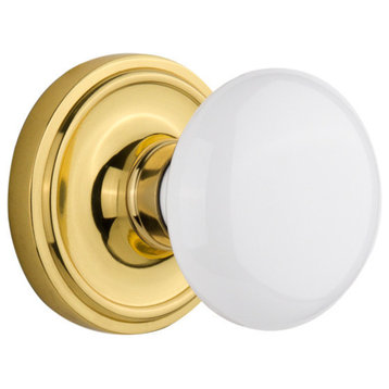 Classic Rosette Privacy White Porcelain Knob, Polished Brass