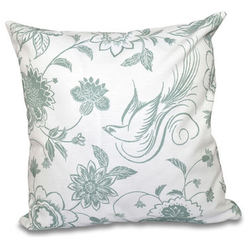 Traditional Bird Floral, Floral Outdoor Pillow, Green, 20"x20"