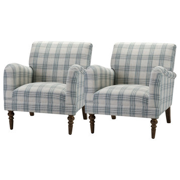 Upholstered Amchair With Plaid Pattern Set of 2, Blue
