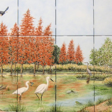 "Snowy Egrets & Copper Red Bald Cypress" kitchen backsplash tile mural