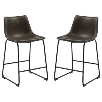 Set of 2 Faux Leather Counter Height Stools, Brown and Black