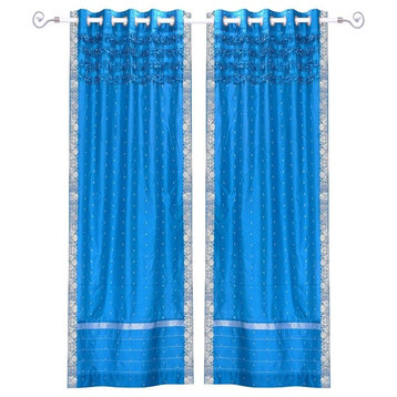 Island Blue Hand Crafted Grommet Top  Sheer Sari Curtain / Drape / Panel-Piece