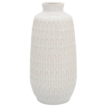 Ceramic 12"H Carved Vase, Beige