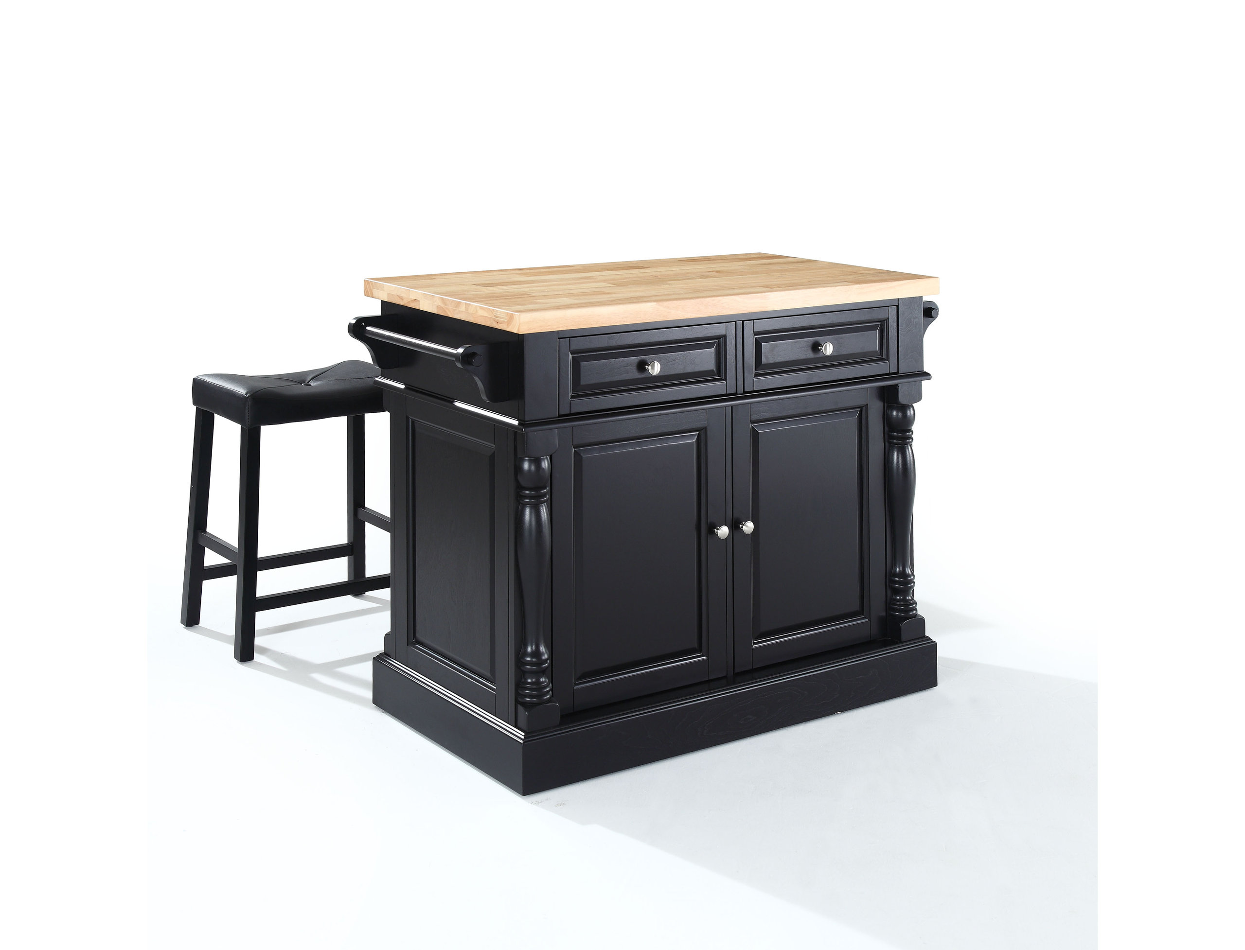 Butcher Block Top Kitchen Island, 24" Black Upholstered Saddle Stools ...