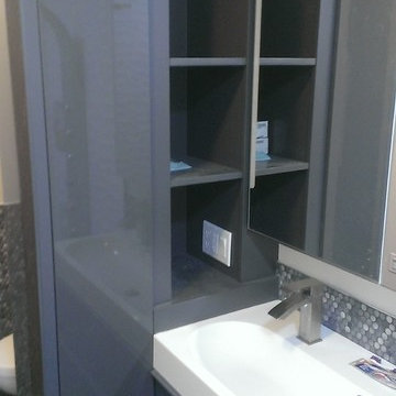 MASTER BATHROOM - Large Wave Tile Shower / Penny Tile Wainscot / Ikea Cabinets