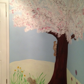 Cherry blossom tree with squirrel and bunny