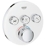 GROHE - Grohtherm SmartControl Triple Function Thermostatic Trim With Control Module - Choose a thermostat that is as flexible as possible for your most enjoyable shower or bath ever. Packed with useful features, the Grohtherm SmartControl concealed thermostat features a minimalist design and stylish Moon White that will enhance any modern bathroom. The innovative SmartControl technology allows you to select your desired spray source and adjust the water volume at the push-turn of a button. The three valves offer total flexibility, whatever your shower set up   you can control, switch between or even combine different spray patterns and water outlets   perfect for spaces where you want to have hand, head and side showers, as well as a bath. Integrated GROHE TurboStat technology prevents any unpleasant temperature fluctuations. GROHE EasyLogic markings and textured buttons with exchangeable symbols make it easy and intuitive to use. Family-friendly, the GROHE SafeStop override button allows you to set a maximum temperature of 100  F/38  C to prevent scalding. Water-saving GROHE EcoJoy technology gives you the option of a reduced flow rate with no compromise on enjoyment. Thanks to the GROHE QuickFix system it's swift and straightforward to install. The slim profile makes it easy to keep clean, and the chic, durable GROHE StarLight Moon finish will look pristine for years to come. With a slim, round design perfect for that minimalist, streamlined look, this product is bound to enhance your bathroom scheme. Please note that this product must be installed in combination with the GROHE Rapido SmartBox (35601000).