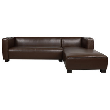 Minkler Contemporary Faux Leather 3 Seater Sofa With Chaise Lounge, Dark Brown/Dark Walnut