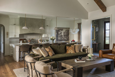 Large country formal and open concept brown floor and wood ceiling living room photo in Other with white walls