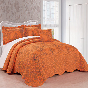 Damask Embroidered Quilted 4 Piece Bed Spread Sets, Nectarine, Queen