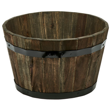 9" Wood Barrel Planter With Brown Oil