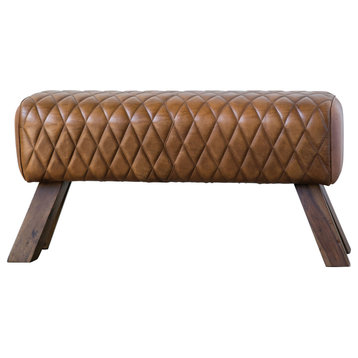 Brown Stitched Leather and Wood Bench, Brown