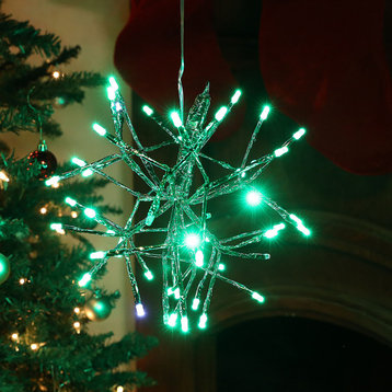 10"H Indoor Christmas Twig 3D Hanging Snowflake Ornament with LED Lights, Green