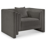 Meridian Furniture - Everett Upholstered Chair, Grey, Chenille Fabric - Make this Everett grey chenille fabric chair the center of a cozy reading nook. Handsome from every angle, this posh chair is plumply appointed to put supreme comfort within easy reach. Soft grey chenille upholstery fabric adds to its lavish feel while a staggered design gives it a modern edge. An included pillow gives it a beckoning vibe while the chair's solid wood inner frame makes it a lasting addition in any room.