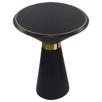 22" Round Mango Wood Side Table, Smooth Brass Accents, Black Finish