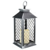 11" Silver Brushed Black Mesh Candle Lantern With Flameless LED Candle