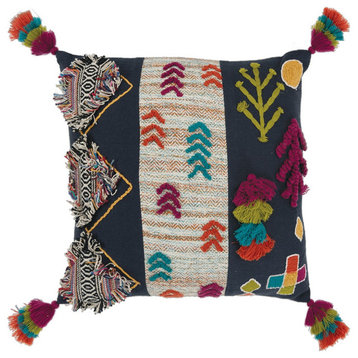 Navy Tribal Motifs Embroidered Throw Pillow