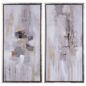 Neutral Smudge Hand Painted Canvas Art, Black and Silver Frames, Set of 2