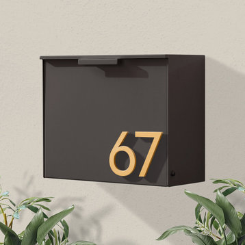 Cubby Wall Mounted Mailbox + House Numbers, Lock Included, Outgoing Flag, Brown, Brass Font