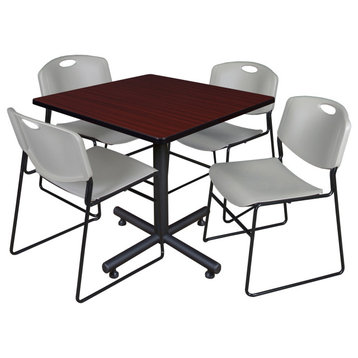 Kobe 42" Square Breakroom Table- Mahogany & 4 Zeng Stack Chairs- Grey