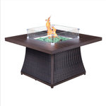 Kinger Home - Kinger Home 42" Carob Brown Propane Fire Pit Table - Looking to upgrade your backyard into an outdoor oasis? Look no further because the Kinger Home 42" Carob Brown Propane Fire Pit Table is sure to transform your space. Once you put the outdoor table together, you’ll want to throw backyard barbeques and parties every weekend! Sculpted from cast aluminum, this set is scratch-resistant and stays rust-free all year long. The intricately woven wicker side panels have a protective coating to keep it fade-resistant and weather-safe. If you’re in need of extra table space, an included burner cover allows you to convert your smokeless fire pit into a table, too! When not in use, the table cover hangs below the table surface on pre-installed hooks. If you’re looking to really elevate your fire pit, attach the included modern glass wind guard for a luxurious, party-ready finish! The included free glass fire beads truly make the outdoor fire pit a centerpiece that you can’t look away from. The tabletop and burner system come pre-assembled, so all that’s needed from you is putting the base together and you are ready to use. After the base is assembled, the 20 LB propane tank sits inside in an included storage cabinet. Connect the hose, press the push-to-start ignition system, and control the flame height with the knob. It doesn’t get any easier than that! Our fire pit table is spark, smoke, and ash free so it's a safer and healthier alternative to traditional fire pits. When not in use, you also receive a free PVC rain cover to keep your fire pit protected from the elements. Your outdoor living starts here!
