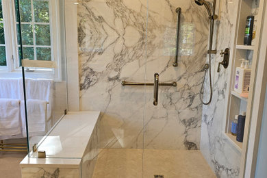 Maxfine Arabescatto Porcelain slab shower and Bath renovation