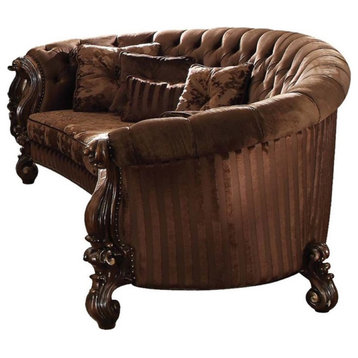 Pemberly Row Versailles Sofa with 5 Pillows in Brown Velvet and Cherry Oak